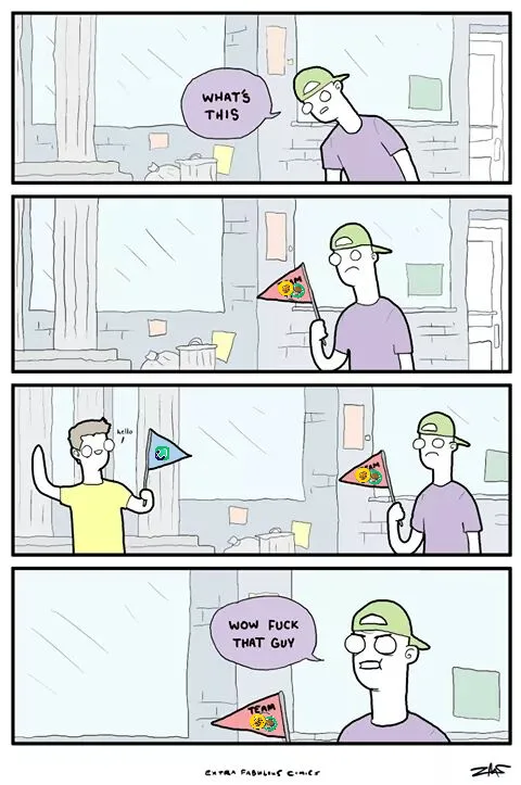 A four-panel comic shows a man in a green cap holding a small flag with a cartoon face. He asks 'WHAT'S THIS?' as another…