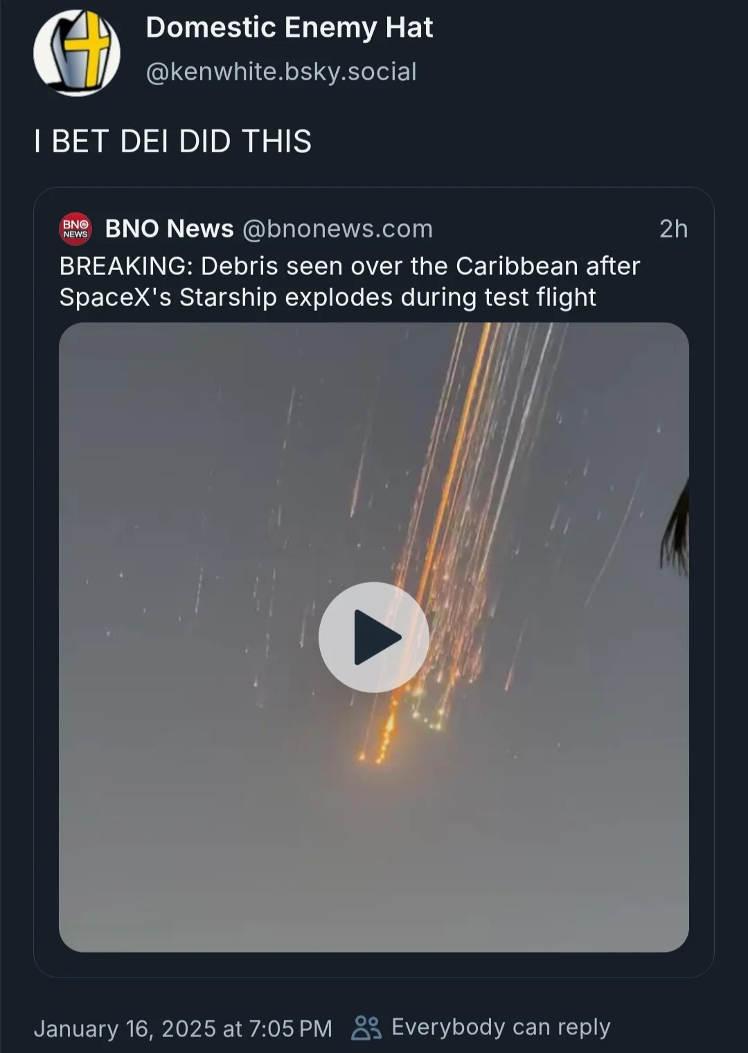A screenshot of a social media post from 'Domestic Enemy Hat' shows a news alert from 'BNO News' about debris seen over the…