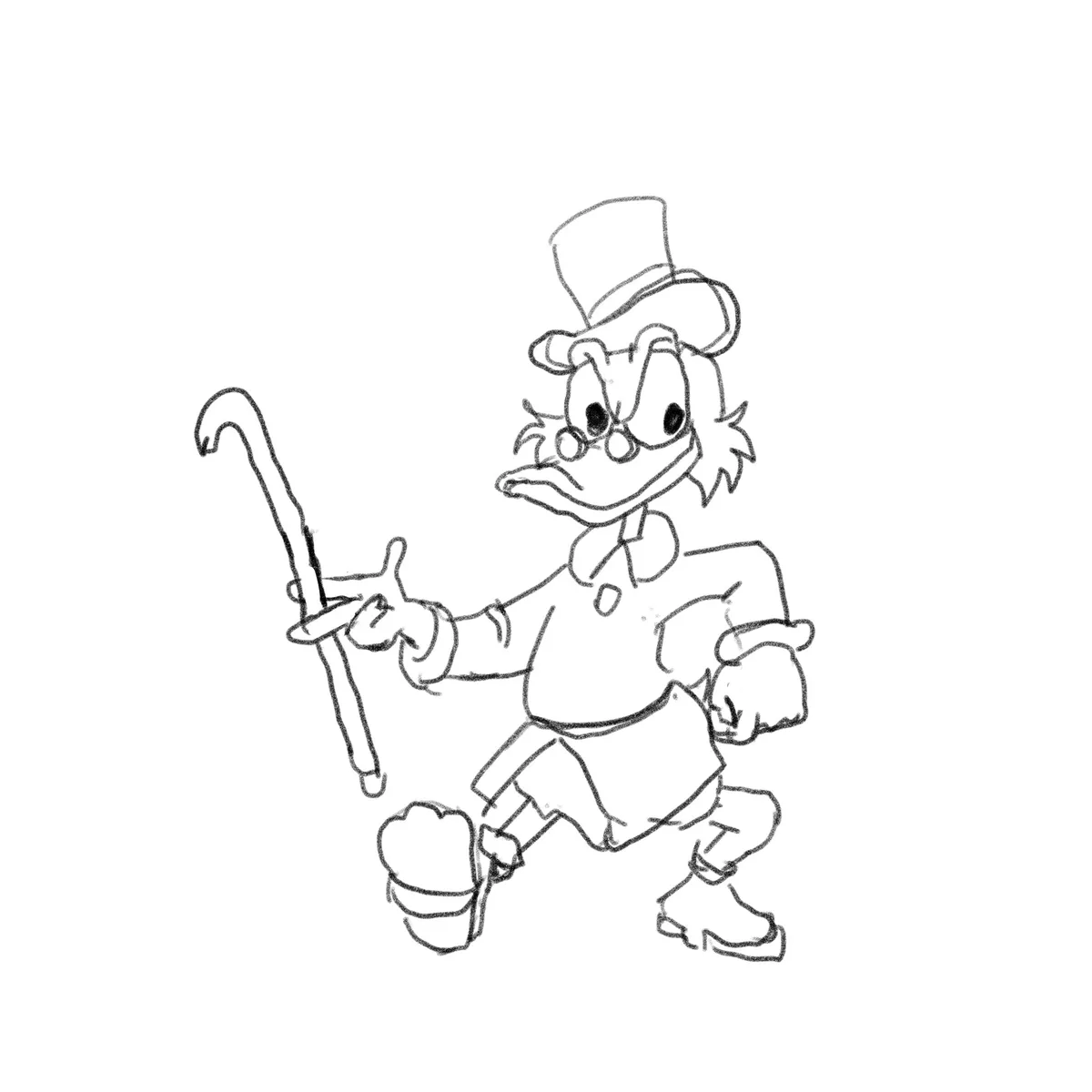 A black-and-white sketch of Scrooge McDuck, a cartoon duck wearing a top hat, glasses, and a suit, holding a cane and…