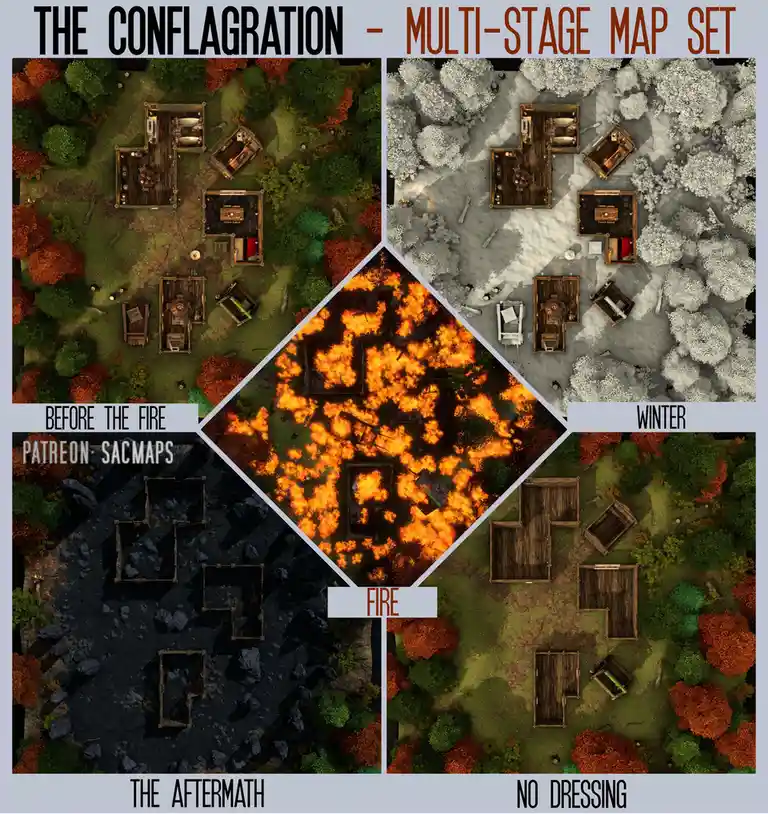 The image displays four overhead views of a fantasy village map arranged in a diamond pattern. The top-left shows the…