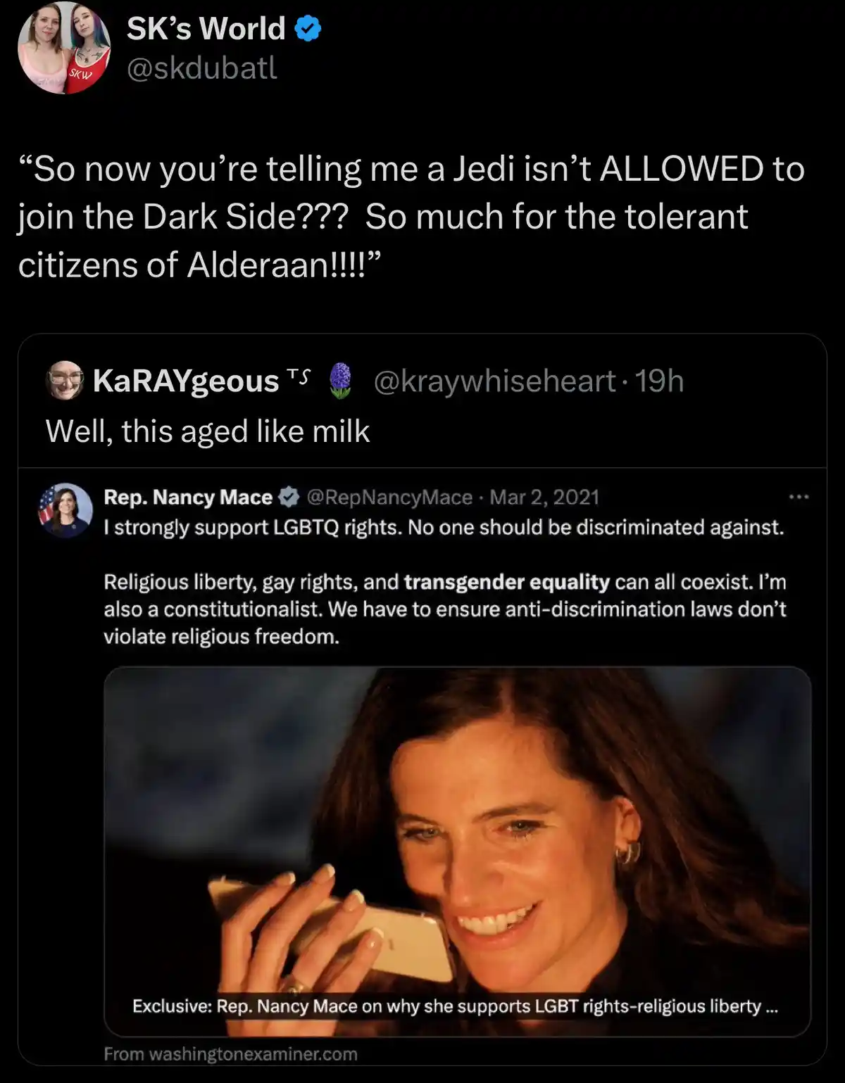 A screenshot of a Twitter thread shows a user quoting a Star Wars line about Jedi not being allowed to join the Dark Side…
