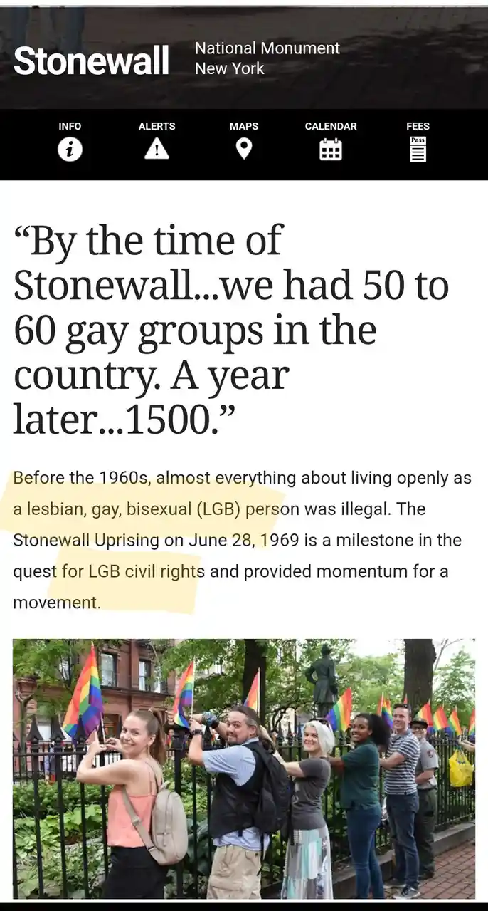 The image displays a screenshot of the Stonewall National Monument website, featuring a highlighted quote stating that there…