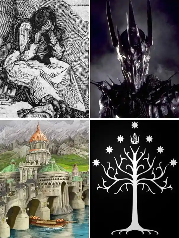 A four-panel image collage featuring a black-and-white illustration of a woman in distress, a menacing close-up of Sauron's…