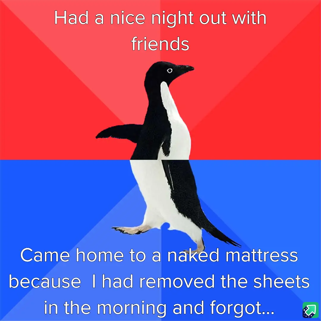 A penguin is split vertically down the middle, with the top half against a red background and the bottom half against a blue…