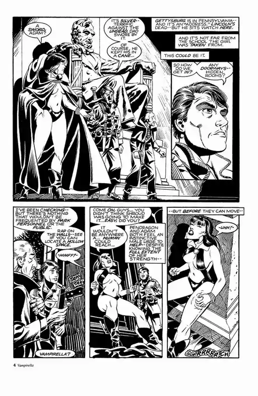 A black-and-white comic page from 'Vampirella' shows characters discussing a sword hidden in a cane at Gettysburg, then…