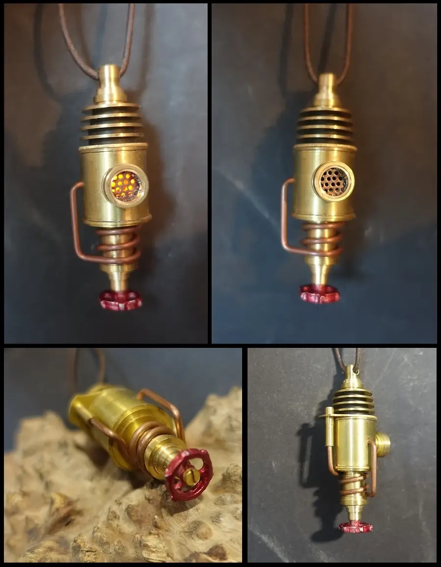 A four-panel image collage shows a brass pendant necklace with copper accents and a red valve-like knob. The top-left panel…