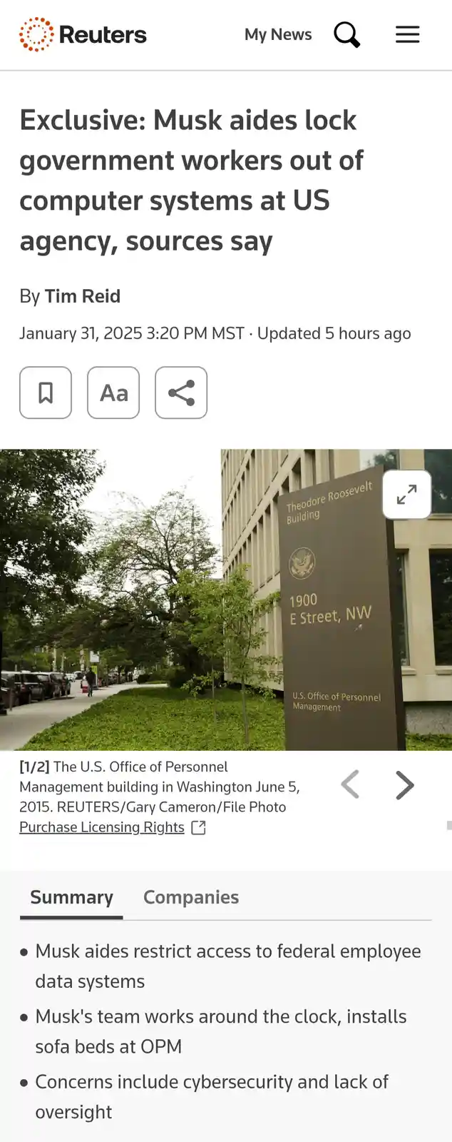 A screenshot of a Reuters news article from January 31, 2025, with a headline about Musk aides allegedly locking government…