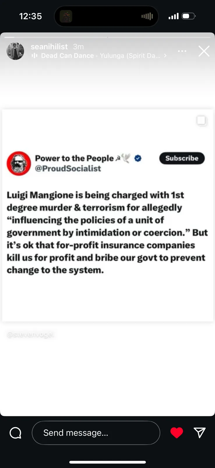 A screenshot of a social media post from 'Power to the People' (@ProudSocialist) criticizing the legal charges against Luigi…