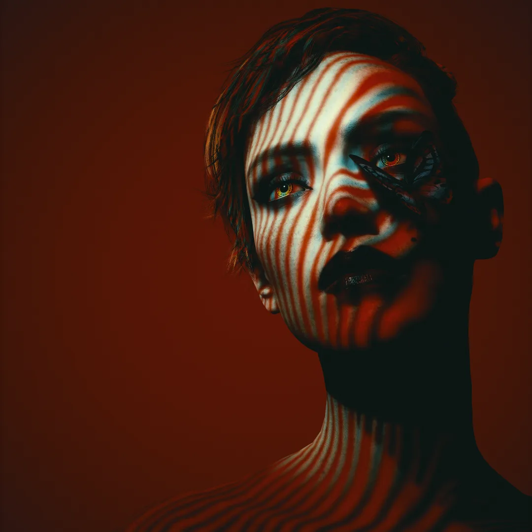 A person with short dark hair is shown in profile against a deep red background, their face and neck covered in vertical red…