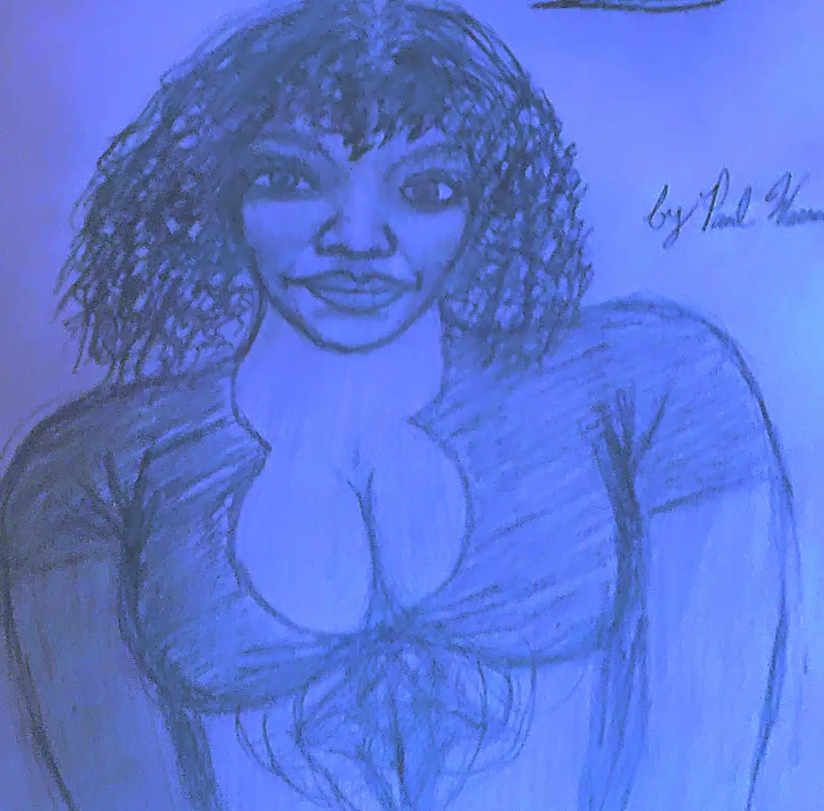 A blue-tinted pencil sketch of a woman with curly hair and a top, signed 'by Paul K' in the upper right corner. The image…