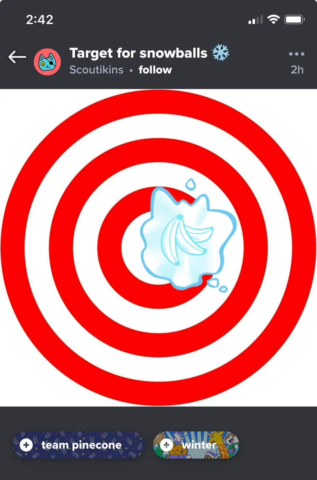 A red and white bullseye target has a cartoonish blue snowball with banana peels inside it in the center. The image is…
