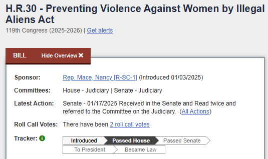 A screenshot of a legislative bill tracker page for H.R.30, titled 'Preventing Violence Against Women by Illegal Aliens…