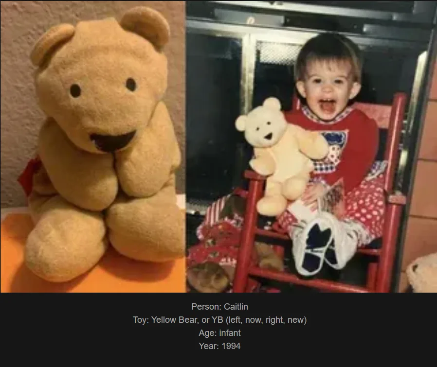 The image is a split-screen showing a large, tan plush teddy bear on the left and a young child, Caitlin, holding a smaller…