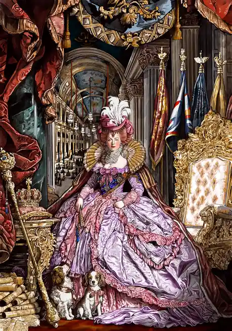 A woman in an ornate, regal gown sits on a throne in a lavish palace, flanked by two small dogs wearing bows. The scene is…
