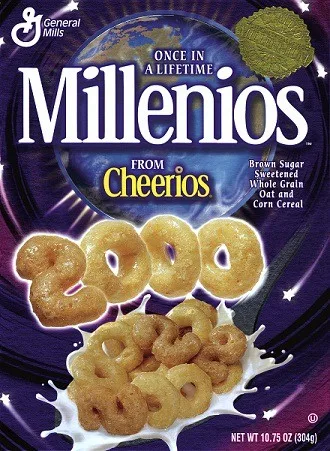 A cereal box for 'Millenios' cereal, a fictional product from General Mills, features the year '2000' spelled out with…