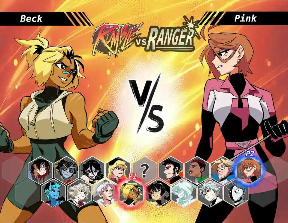 Two anime-style female fighters, Beck on the left and Pink on the right, face off in a 'Rumble vs Ranger' battle scene…