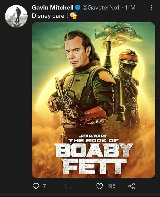 A digitally altered movie poster for 'Star Wars: The Book of Boaby Fett' featuring a stern-looking man in armor holding a…