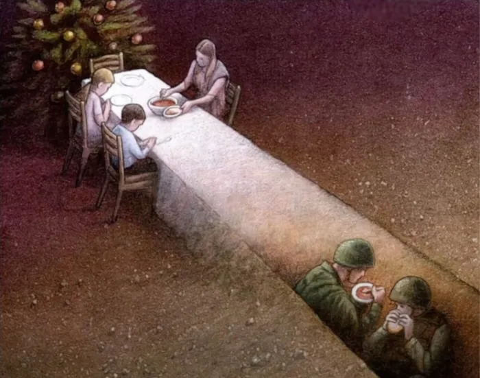 An illustration shows a family of three — a woman and two children — seated at a long dining table covered with a white…