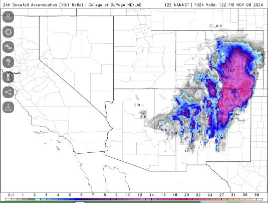 A weather map from the College of DuPage NEXLAB shows 24-hour snowfall accumulation across the western U.S., with intense…