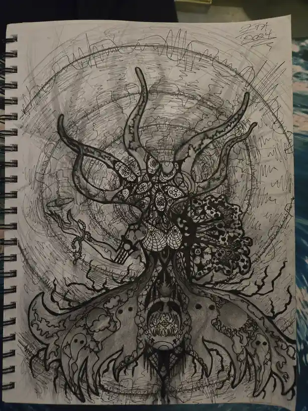 A black-and-white pencil drawing on spiral-bound notebook paper depicts a complex, symmetrical, monstrous entity with…