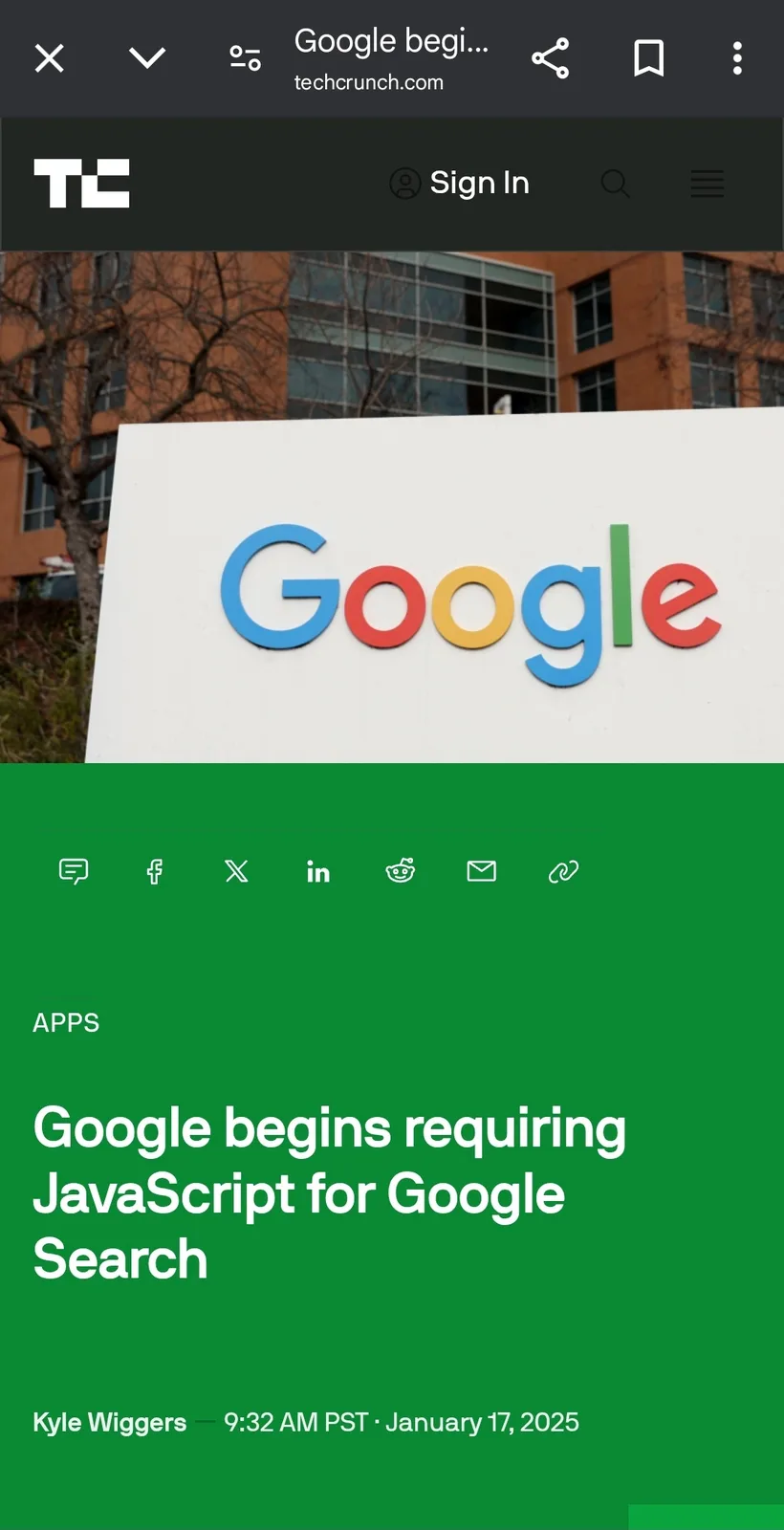 A screenshot of a TechCrunch article titled 'Google begins requiring JavaScript for Google Search' is shown, featuring a…