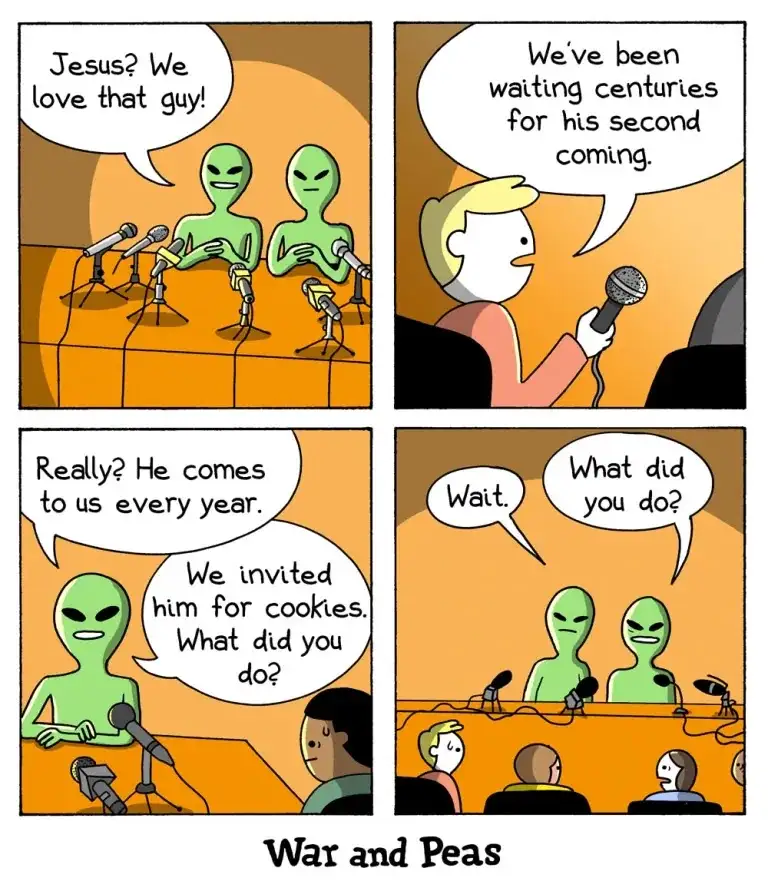 A four-panel comic strip shows two green aliens on a stage with microphones, initially excited about Jesus. A human audience…