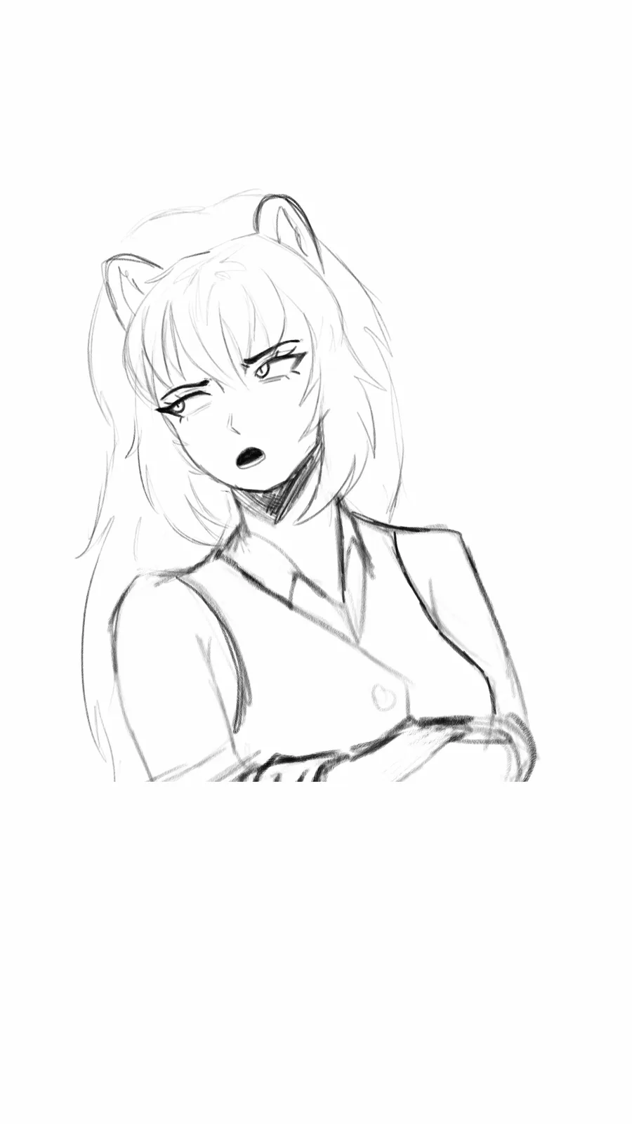 Six grayscale anime-style sketches of a female character with cat ears, arranged in two rows of three. Each sketch shows a…