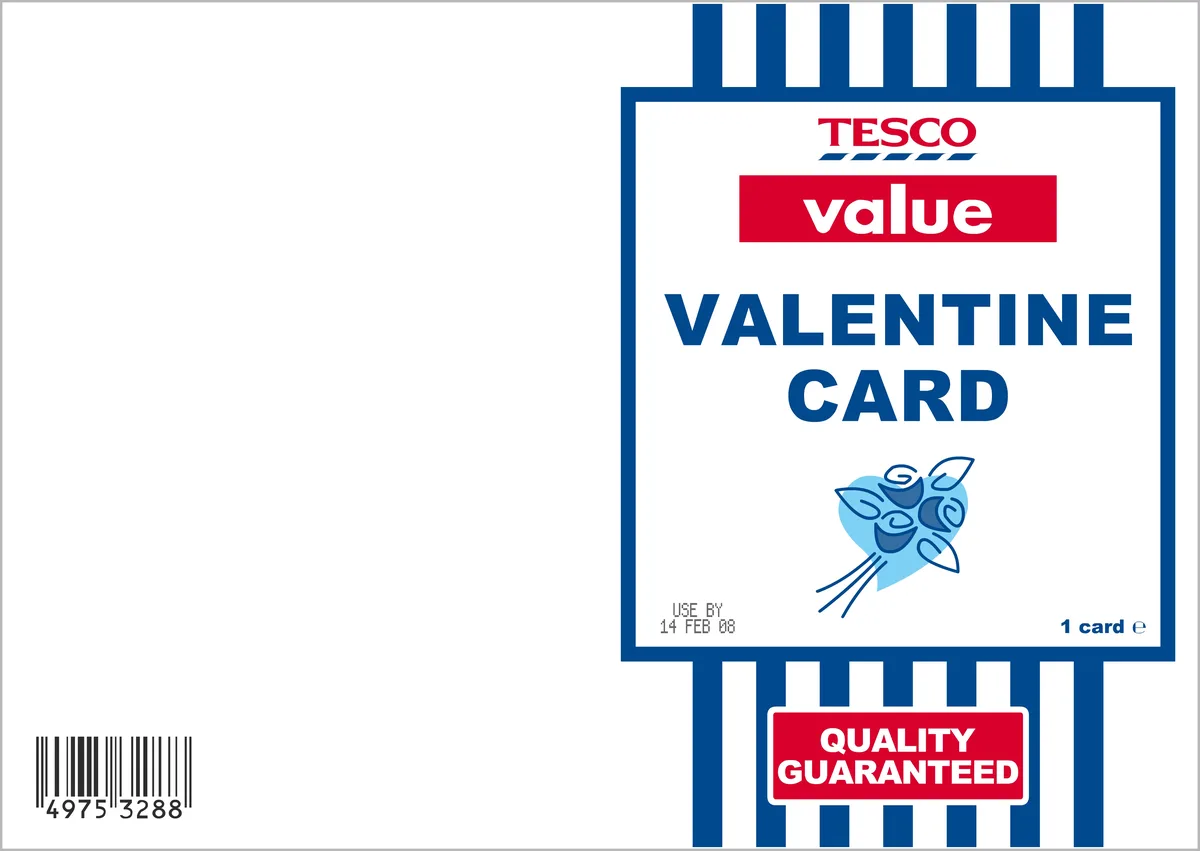 The image shows a Tesco Value Valentine's Day card package with a blue and white design, featuring a 'USE BY 14 FEB 08' date…