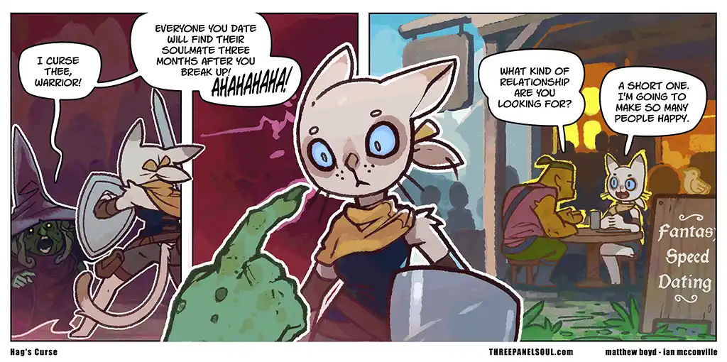 A comic strip shows a warrior being cursed by a hag to find their soulmate three months after breaking up, then a cat-like…