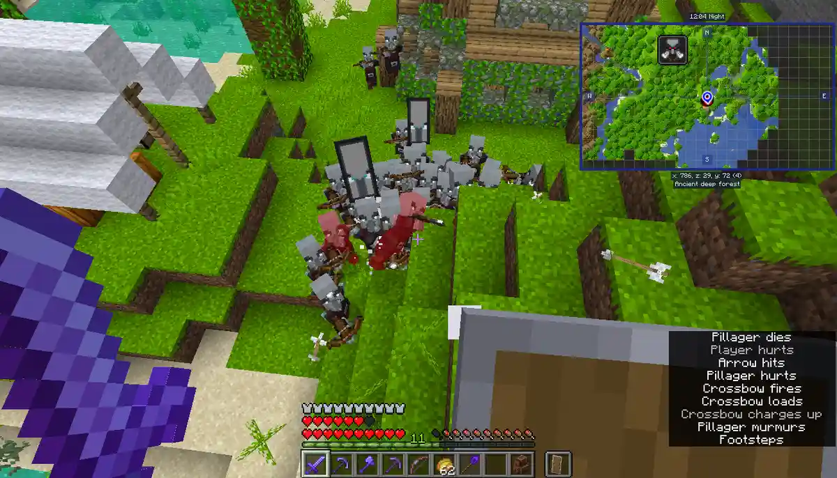 A screenshot from Minecraft shows a player in combat with multiple pillager enemies in a grassy biome. The player's…