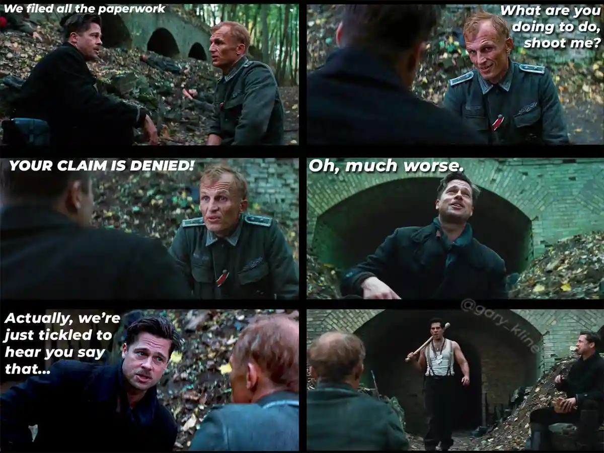 A six-panel meme using scenes from the movie 'Inglourious Basterds' where a German officer confronts Brad Pitt's character…