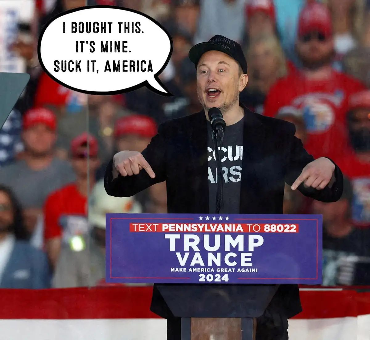 A man, identifiable as Elon Musk, stands at a podium with a 'TRUMP VANCE 2024' campaign sign. He wears a black 'Make America…
