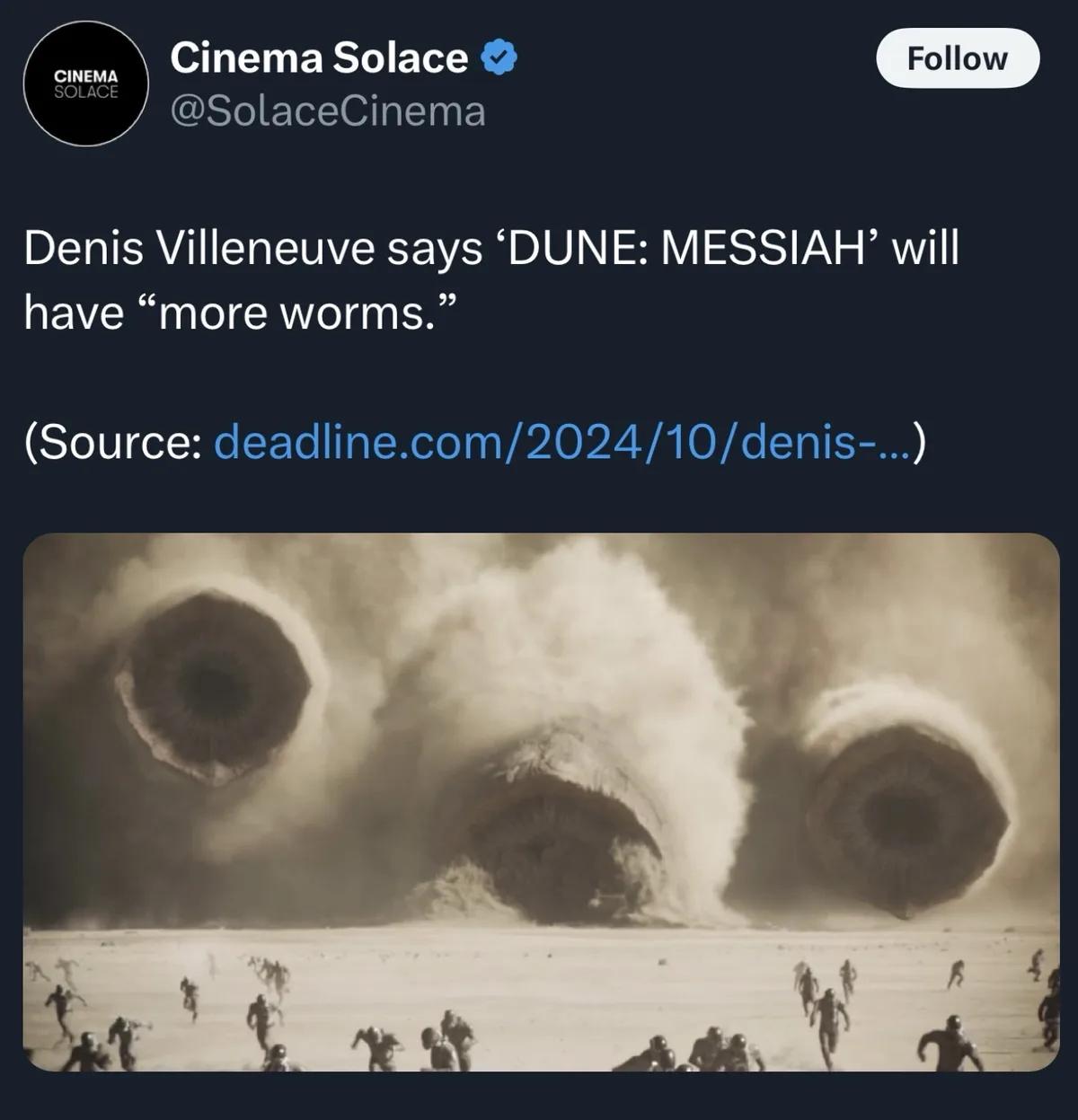 A screenshot of a tweet from 'Cinema Solace' shows a dramatic scene from the Dune movie franchise. The image depicts three…
