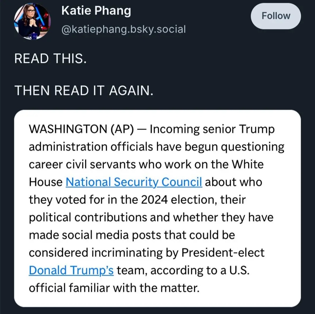 A screenshot of a social media post by Katie Phang showing a news article snippet that reads: 'WASHINGTON (AP) — Incoming…