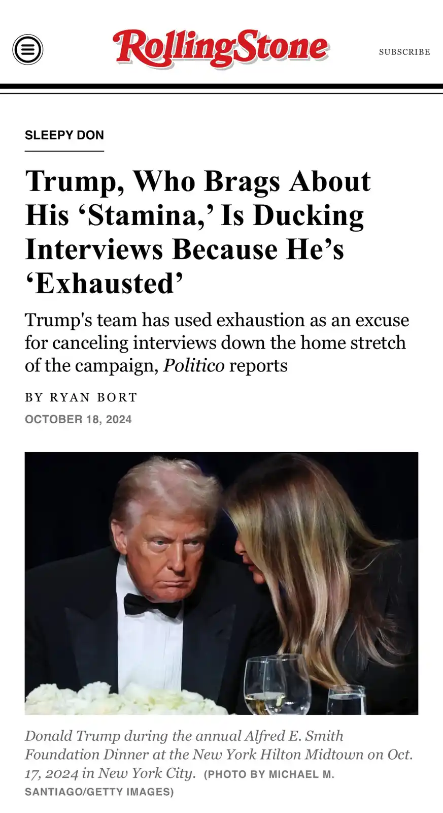 A screenshot of a Rolling Stone article titled 'SLEEPY DON' shows Donald Trump looking tired and weary while seated at a…