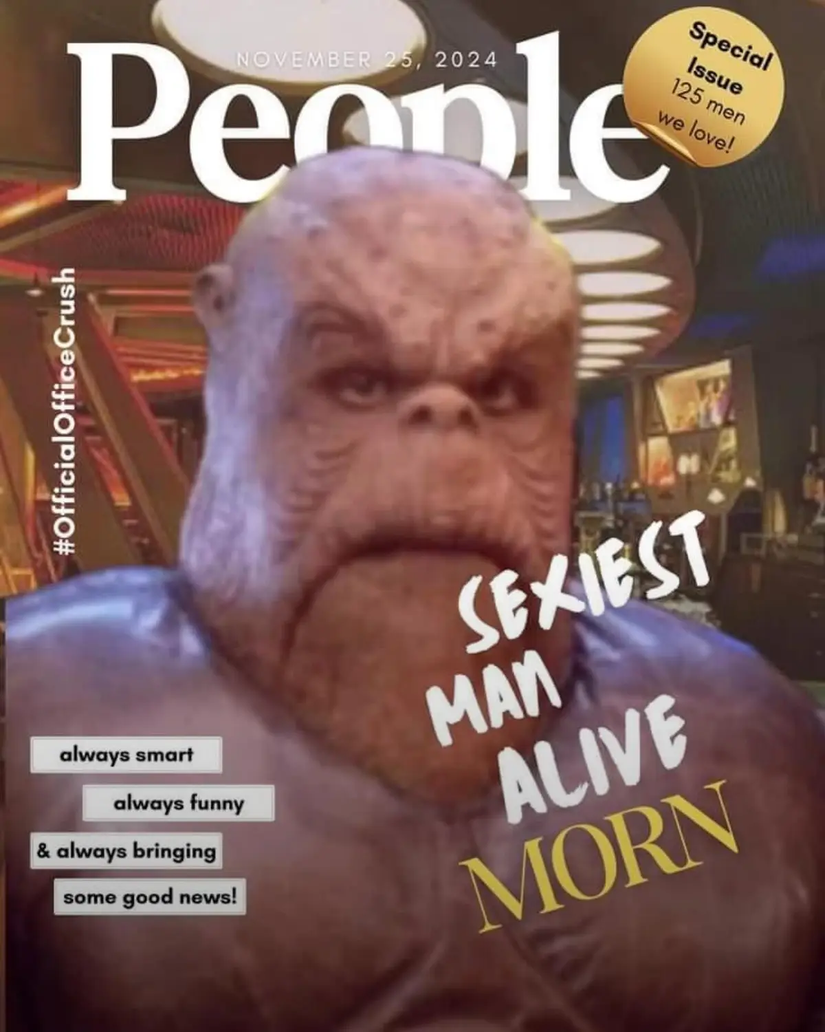 The image is a digitally altered magazine cover parodying 'People' magazine, featuring a large, muscular, non-humanoid alien…