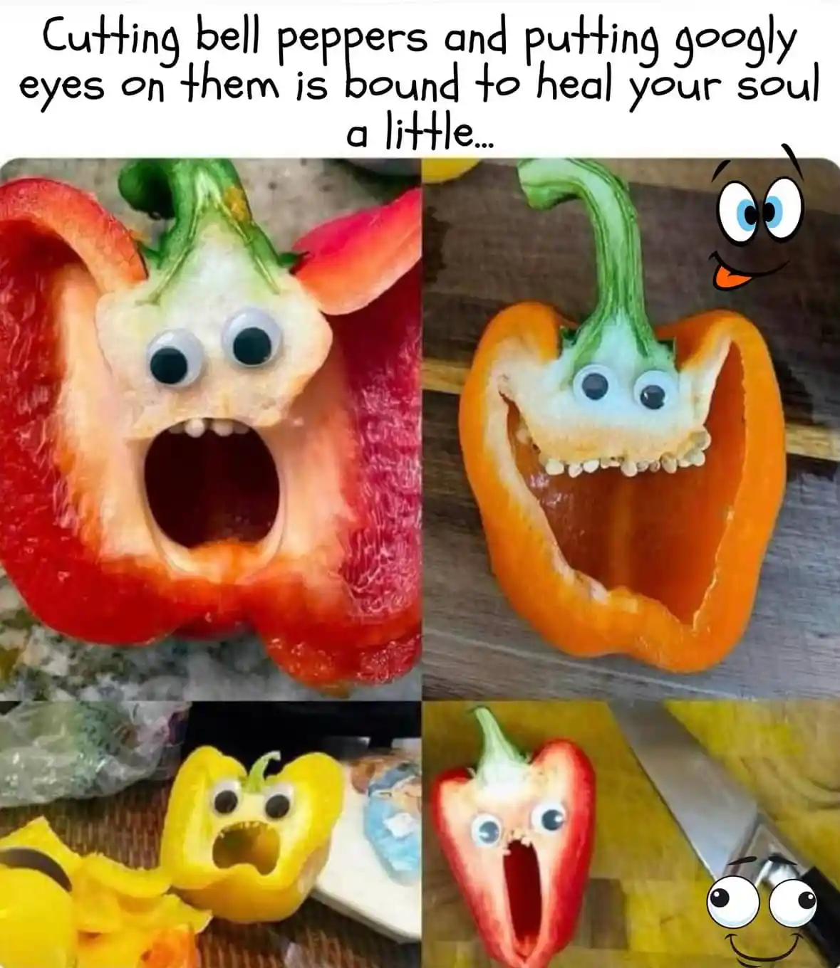 A four-panel image collage shows bell peppers with googly eyes and tooth-like seeds inside their hollowed-out cavities…