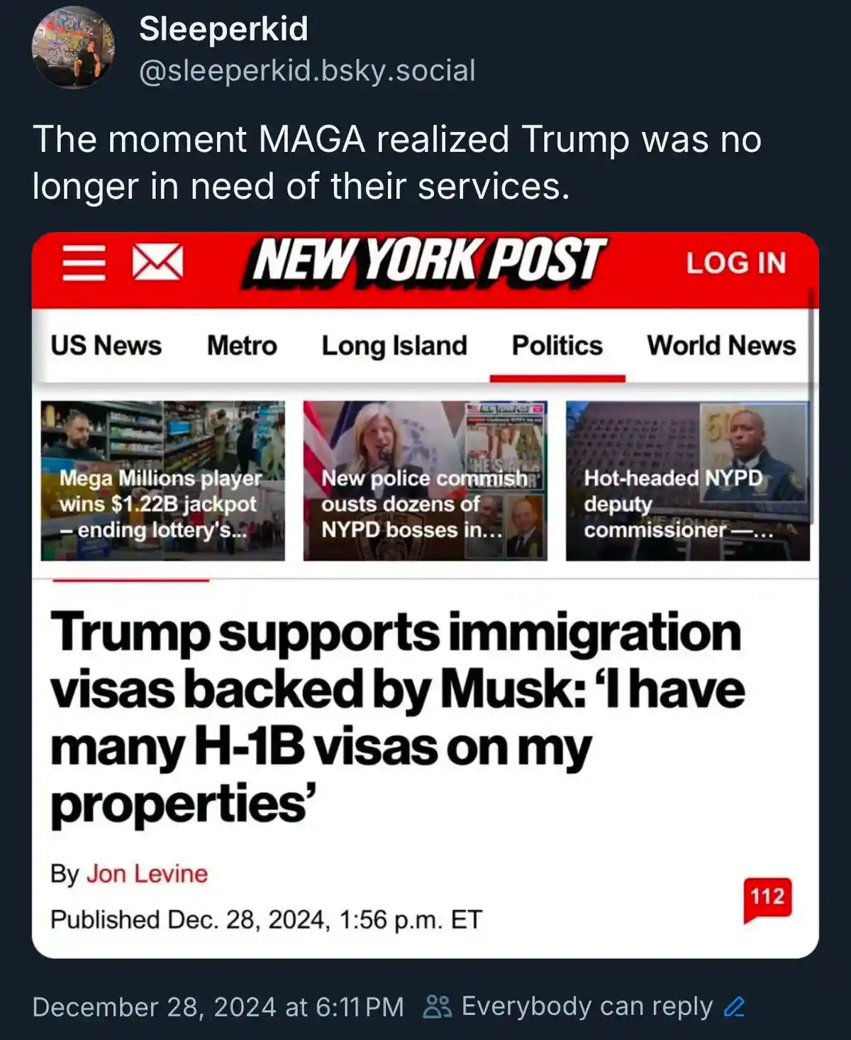 A screenshot of a New York Post article headline reads 'Trump supports immigration visas backed by Musk: 'I have many H-1B…