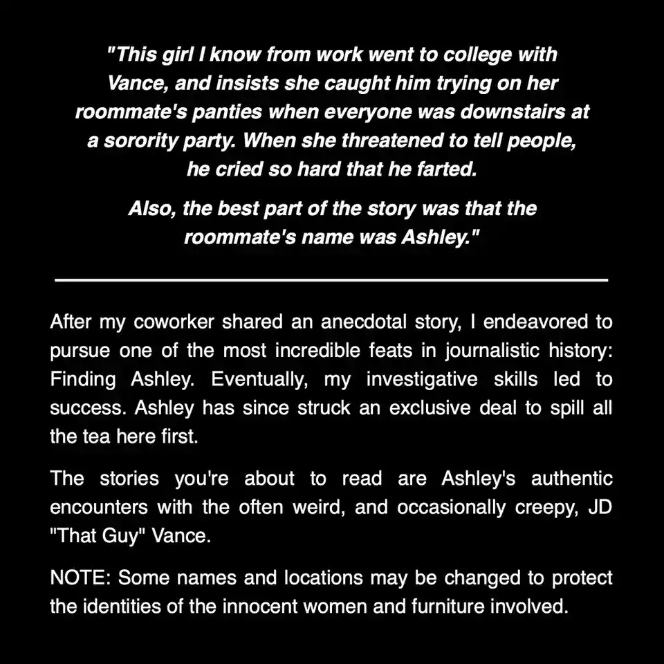 A black background with white text presents a fictional 'exclusive' interview with a person named Ashley, who is the…