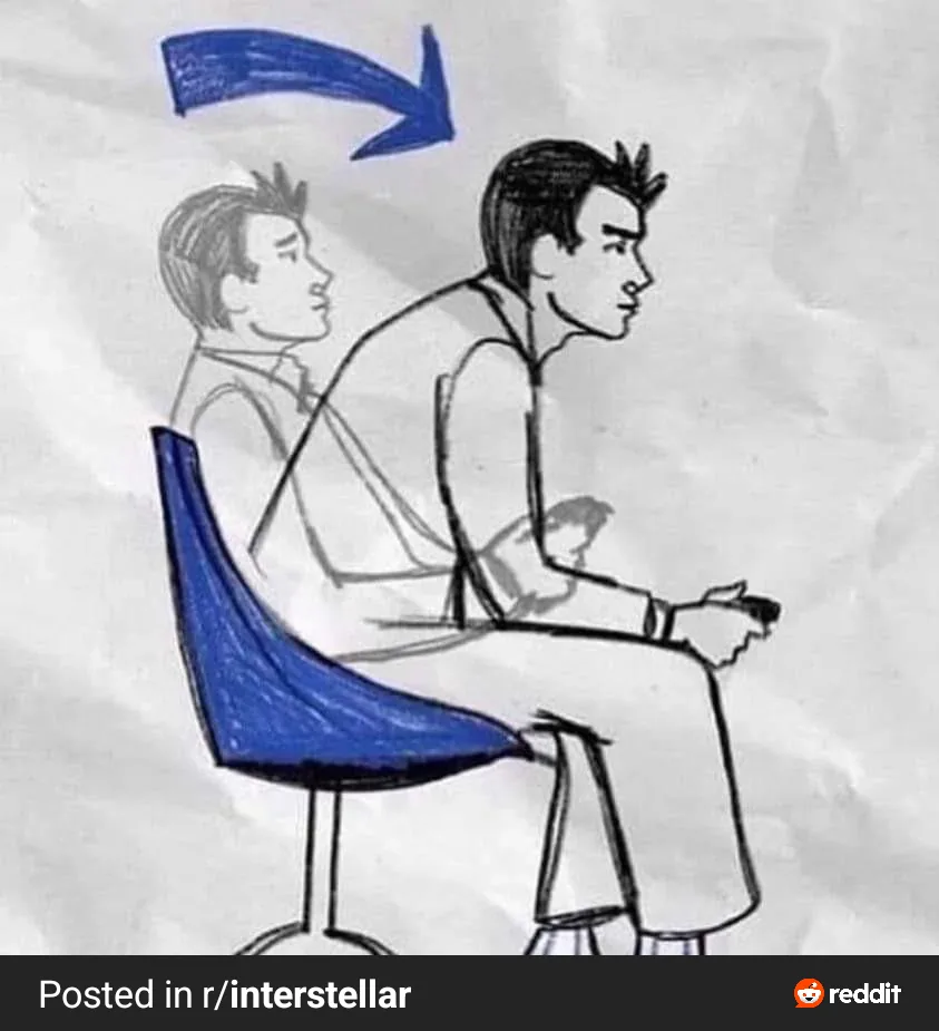 A hand-drawn sketch shows a man sitting on a blue chair, with a blue arrow pointing down from above to indicate he is being…