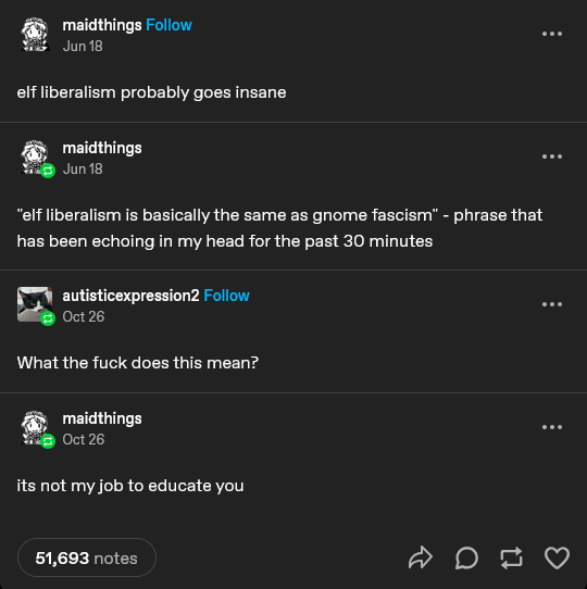 A screenshot of a Tumblr thread showing a user named 'maidthings' posting a comment about 'elf liberalism' going insane…