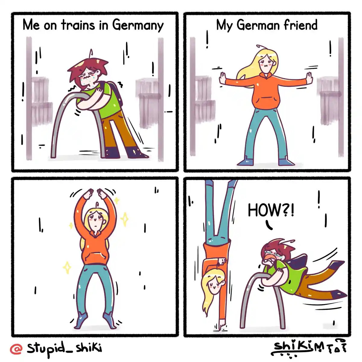 A four-panel comic shows a person with red hair clinging desperately to a train pole, visibly terrified. Their German…