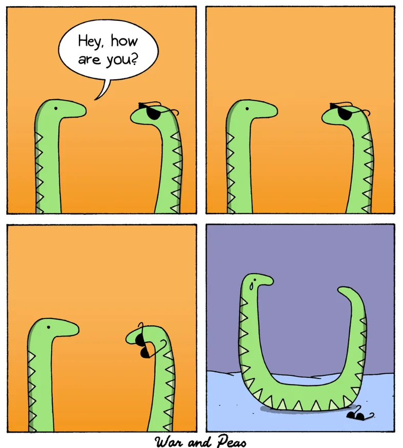 A four-panel comic strip featuring two green, cartoonish dinosaur necks. In the first panel, one dinosaur asks the other…