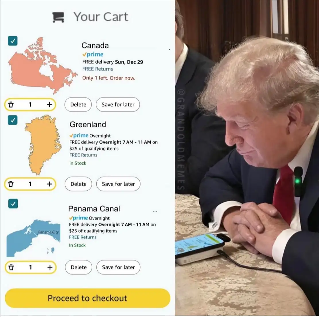 The image shows a split-screen: on the left, a mock Amazon cart listing Canada, Greenland, and the Panama Canal as…