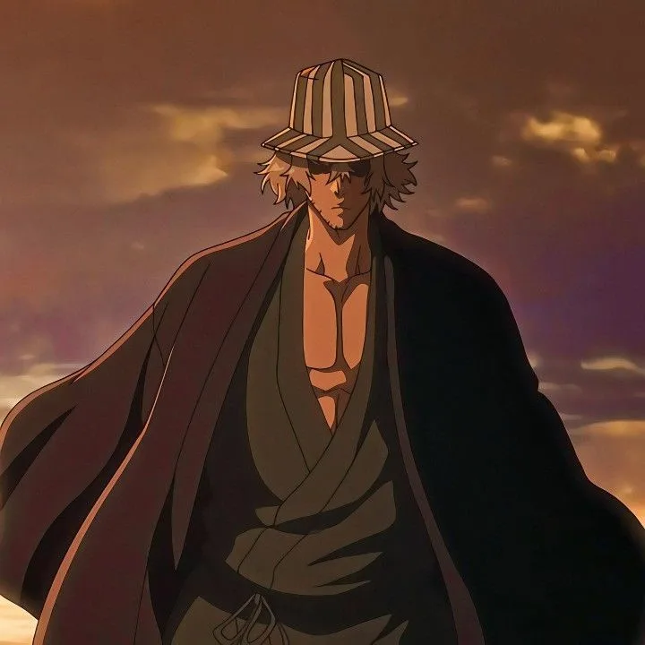An anime character with spiky hair, wearing a striped fedora and sunglasses, stands against a sunset sky with a stern…