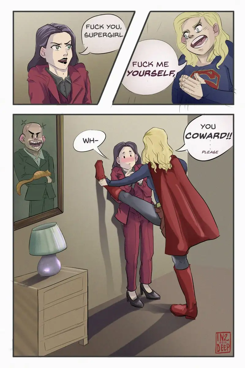 A three-panel comic strip shows a woman in a red suit yelling 'FUCK YOU, SUPERGIRL' at Supergirl, who responds with 'FUCK ME…