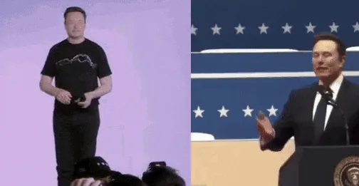 A split-screen image shows two sequences of elon musk at a podium, alternating between wearing a black t-shirt with a…
