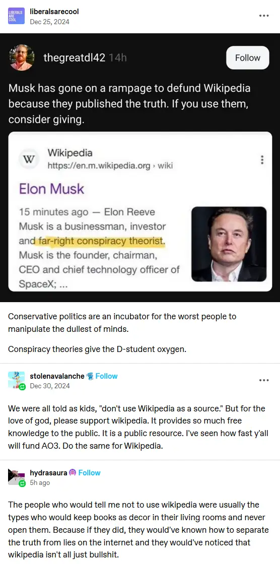 A screenshot of a social media post by 'thegreatdl42' shows a Wikipedia entry for Elon Musk with the text 'far-right…