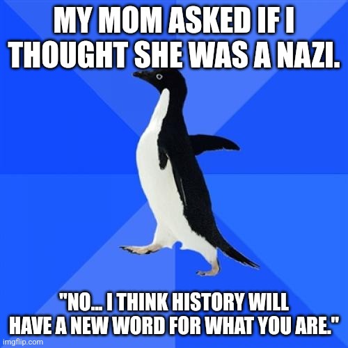 An image of an adélie penguin walking against a blue background with white text overlaid. The top text reads 'MY MOM ASKED…