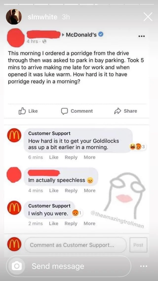 A screenshot of a McDonald's customer service comment thread where a customer complains about a slow drive-thru and lukewarm…